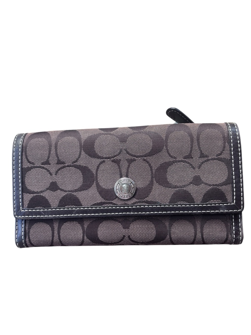 Coach Signature Brown Jacquard Canvas & Leather Snap Wallet